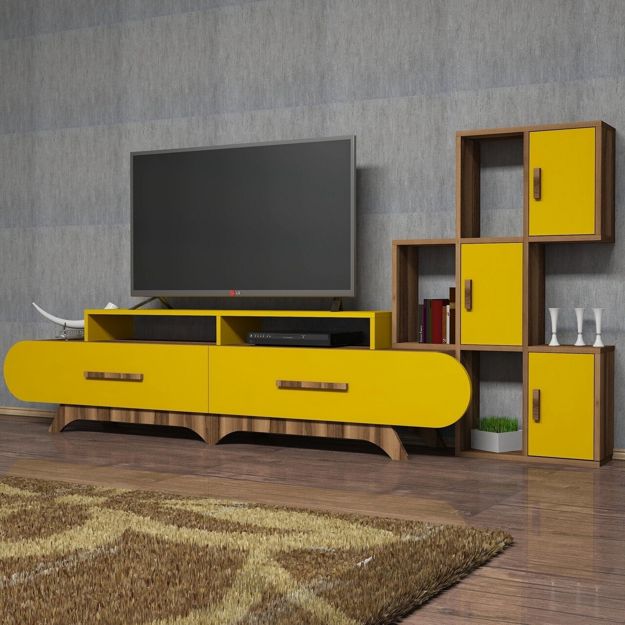 Comoda TV cu dulap Flora S, Hommy Craft, galben/maro - imagine 6